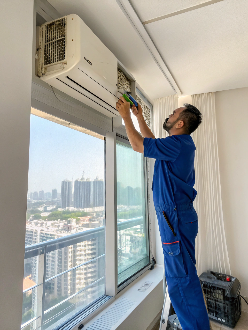 Professional technician installing a modern wall-mounted air conditioning unit