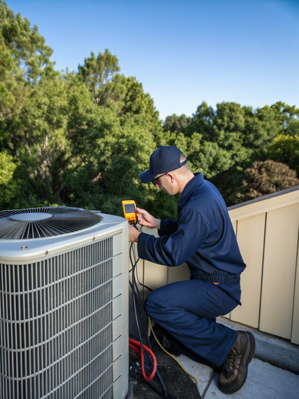 Technician performing a detailed maintenance check on an outdoor condenser unit