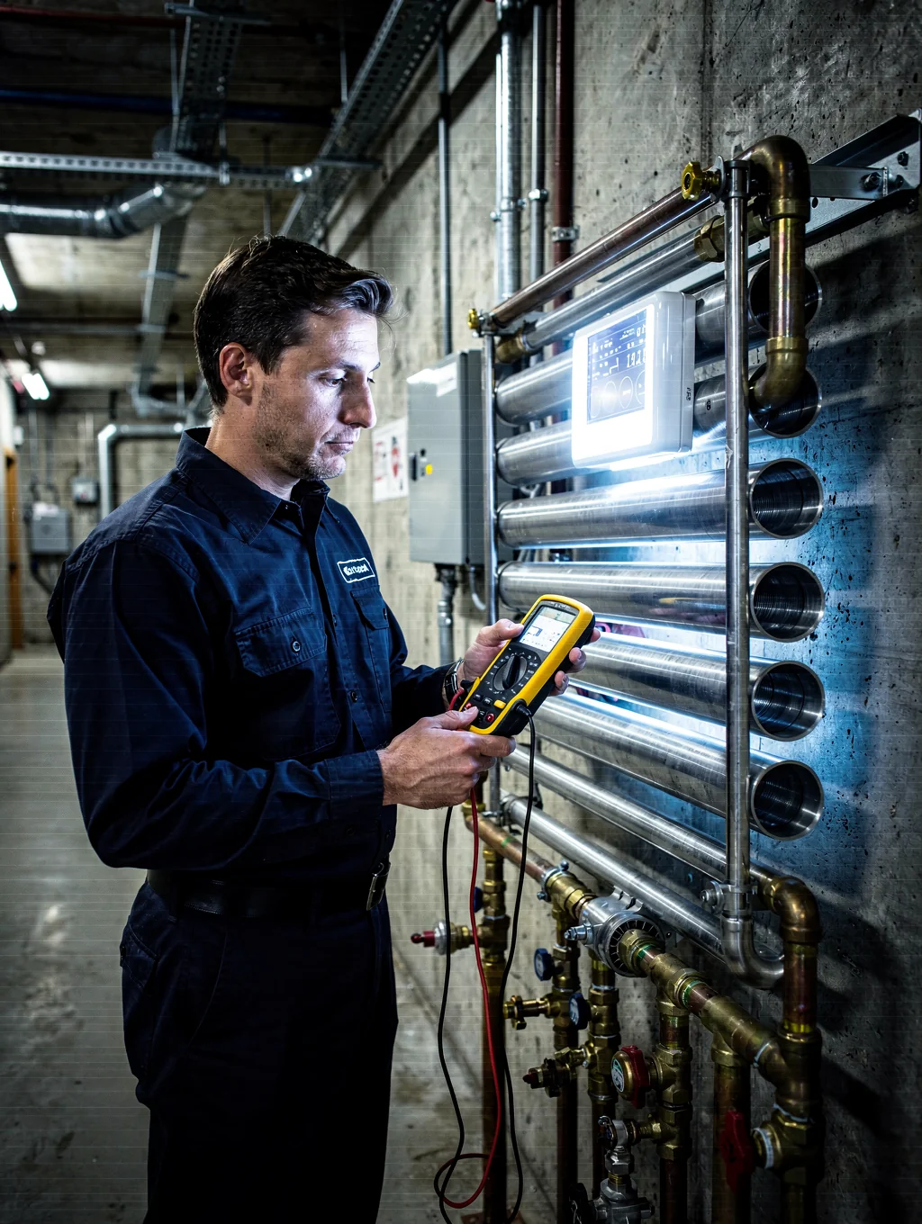 Professional technician performing a detailed inspection on a commercial air conditioning unit