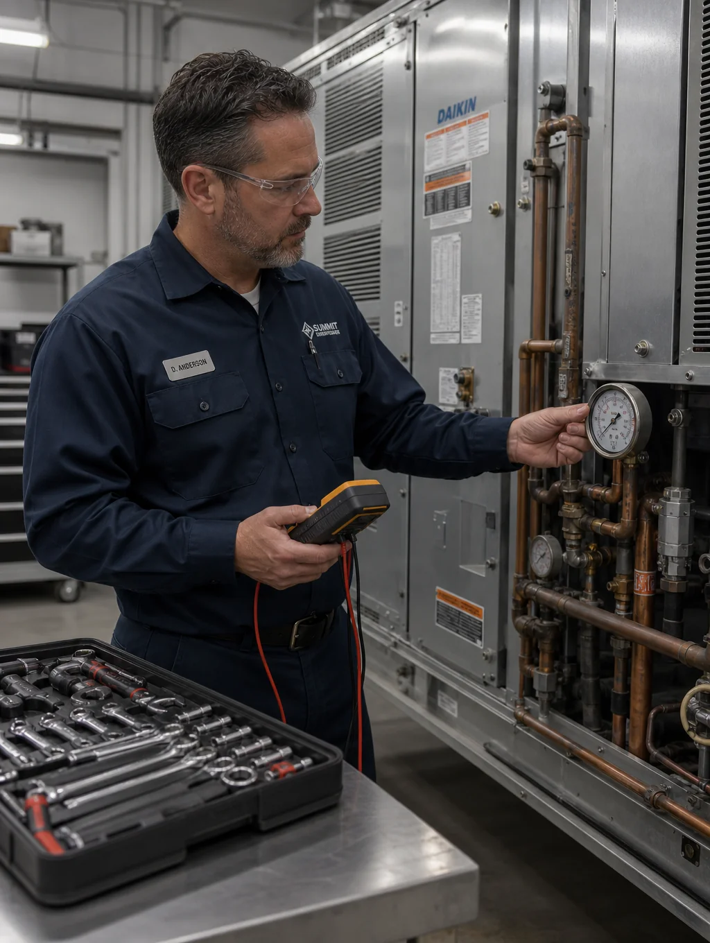 Professional air conditioning technician performing emergency repairs on a commercial unit
