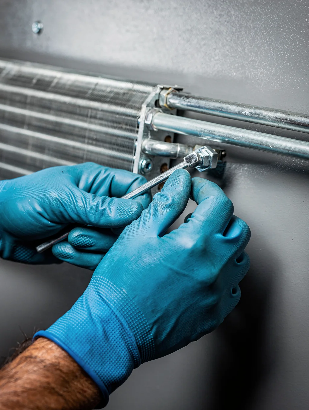 Professional technician performing air conditioning maintenance on a commercial unit