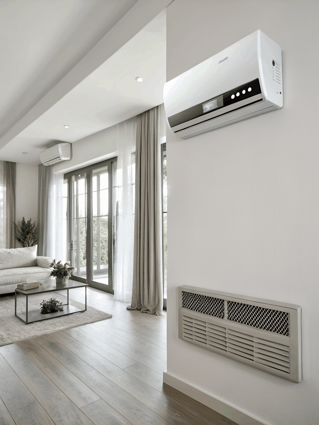 Modern domestic air conditioning unit installed in a bright living room