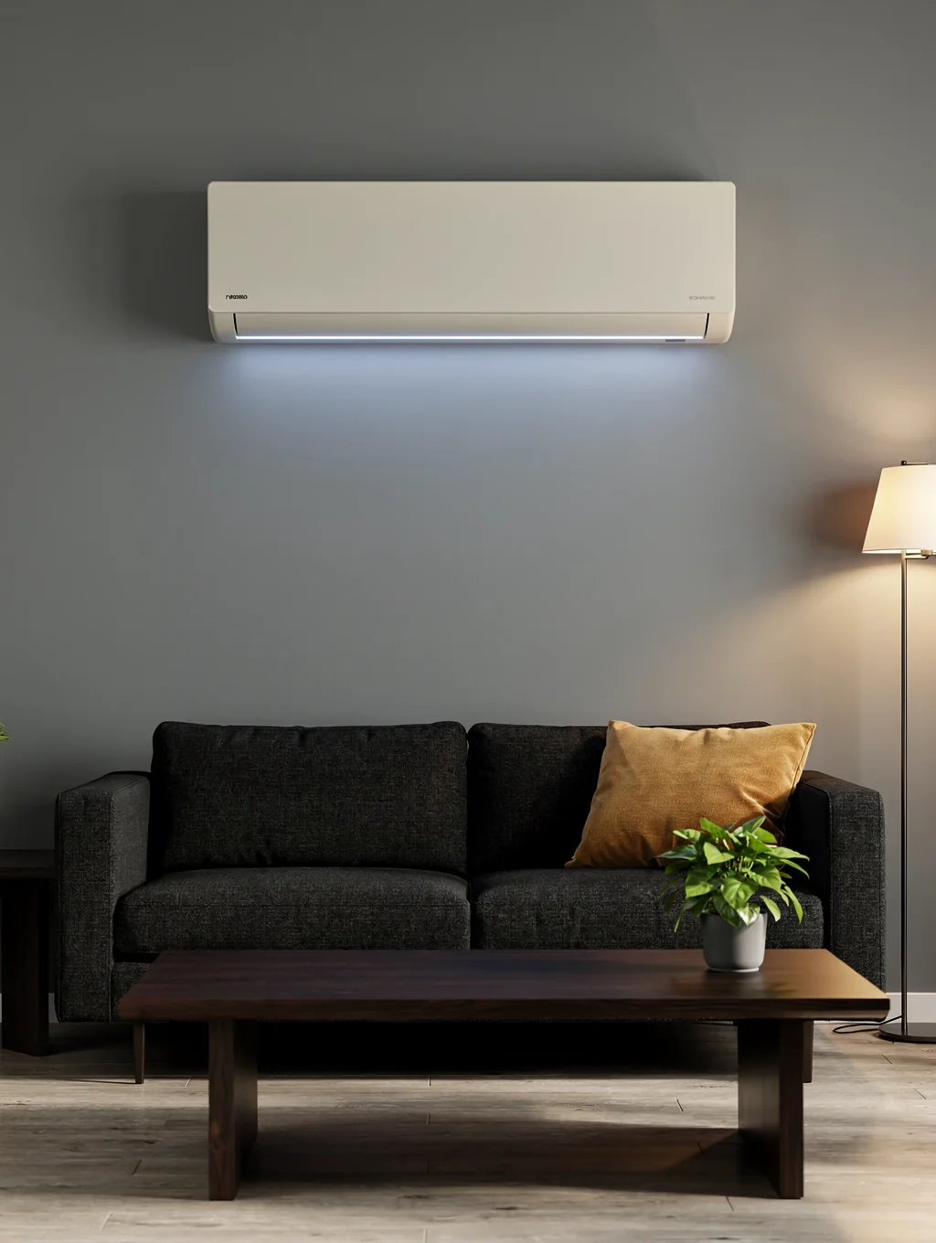 Comfortable living room with wall-mounted climate unit